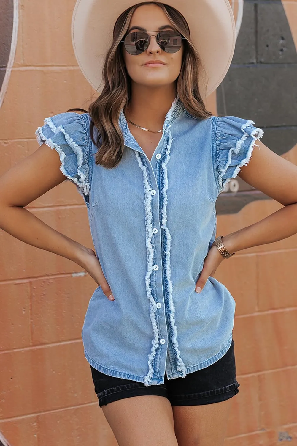 SELINK Womens Short Sleeve T Shirt Casual Button Front Ruffled Flutter Frayed Denim Top Solid Daily Summer Tops