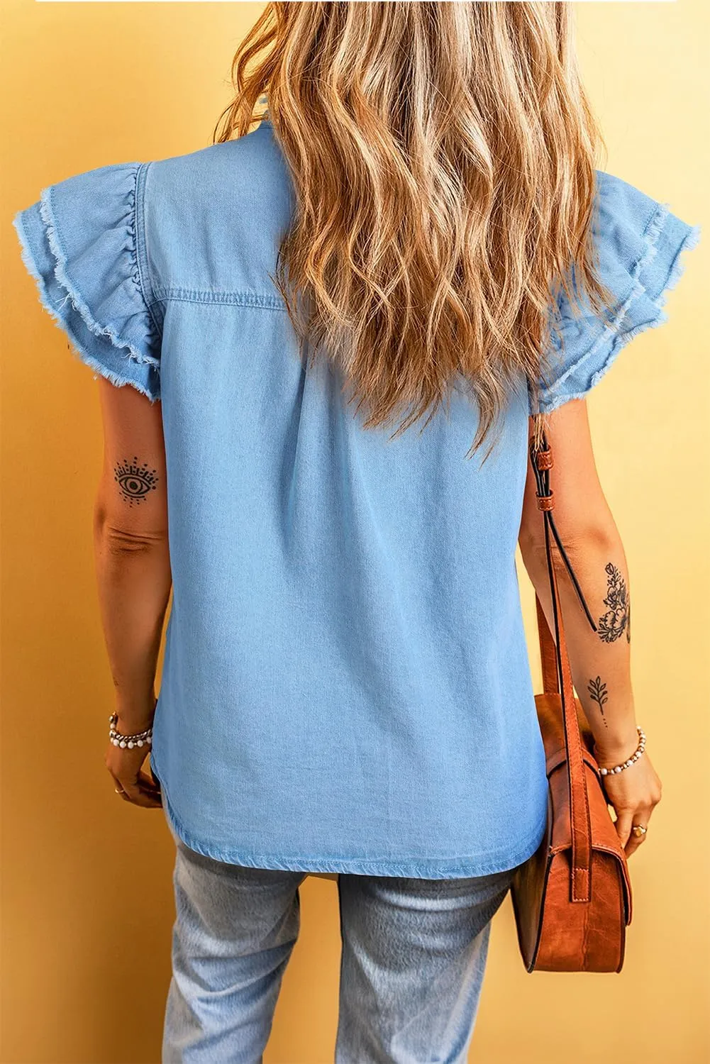 SELINK Womens Short Sleeve T Shirt Casual Button Front Ruffled Flutter Frayed Denim Top Solid Daily Summer Tops
