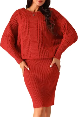 Seta T Women's Long Batwing Sleeve Sweater Dress Cable Knit Chunky Pullover Dresses