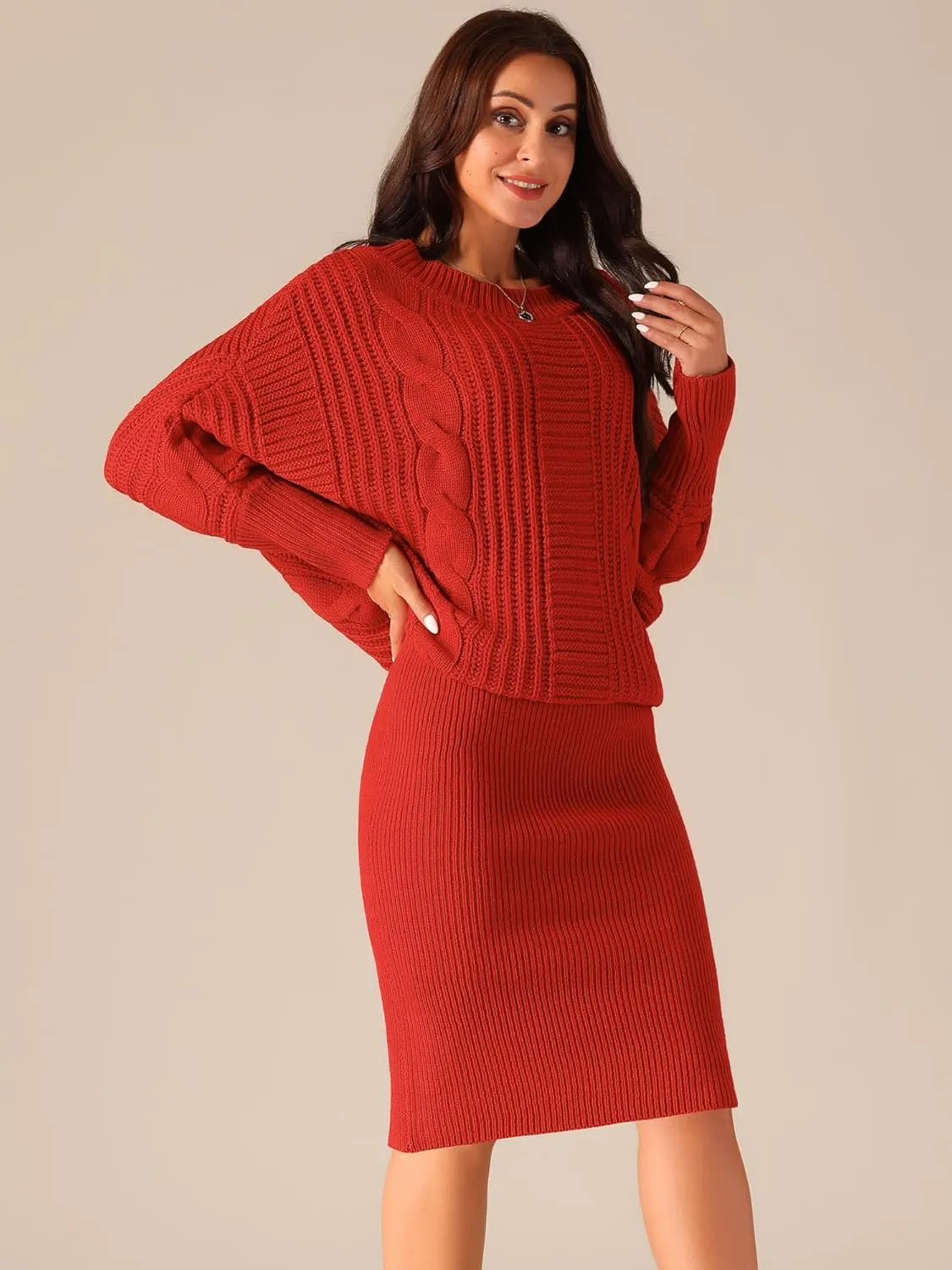 Seta T Women's Long Batwing Sleeve Sweater Dress Cable Knit Chunky Pullover Dresses