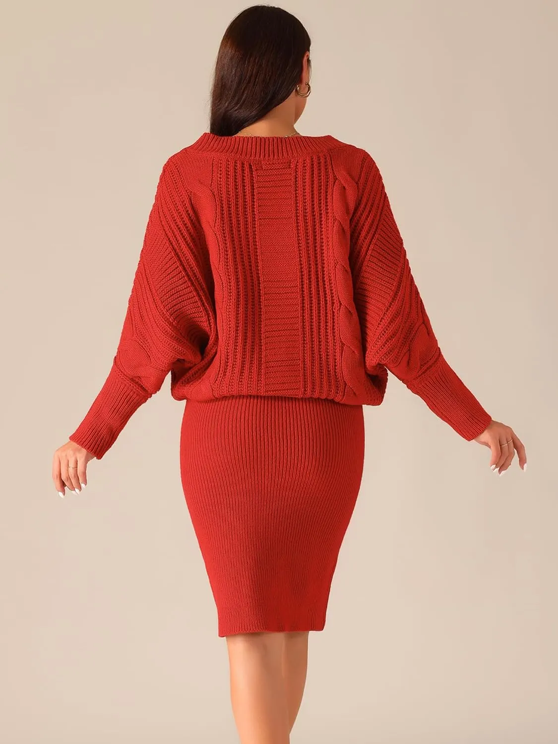 Seta T Women's Long Batwing Sleeve Sweater Dress Cable Knit Chunky Pullover Dresses