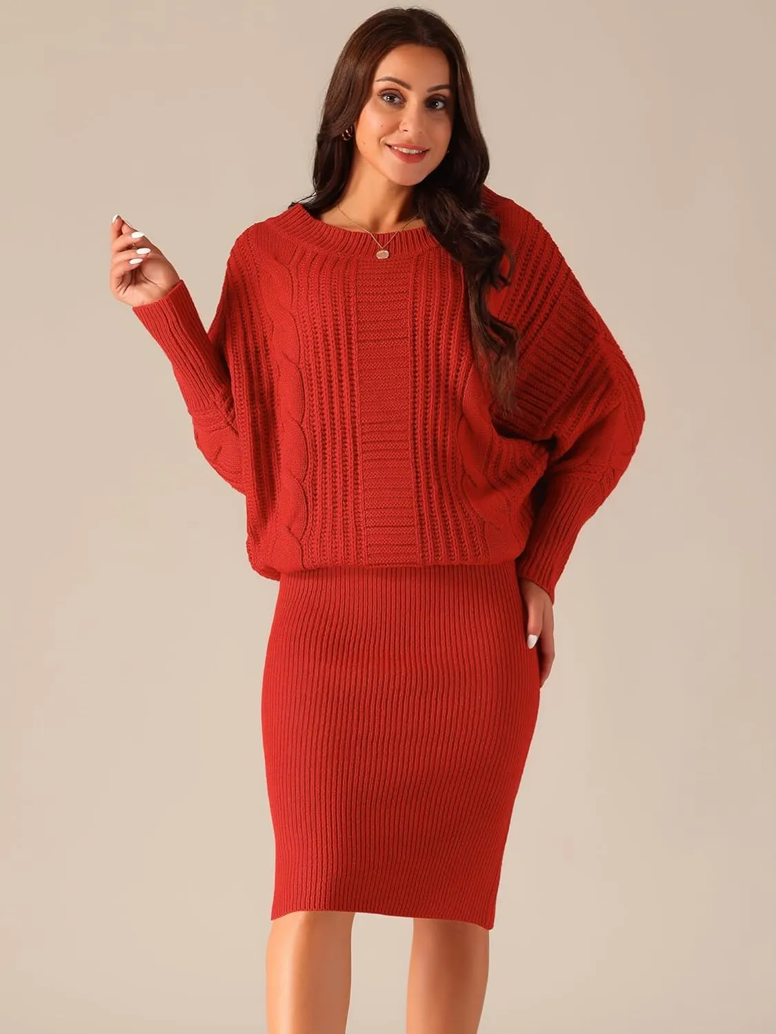 Seta T Women's Long Batwing Sleeve Sweater Dress Cable Knit Chunky Pullover Dresses