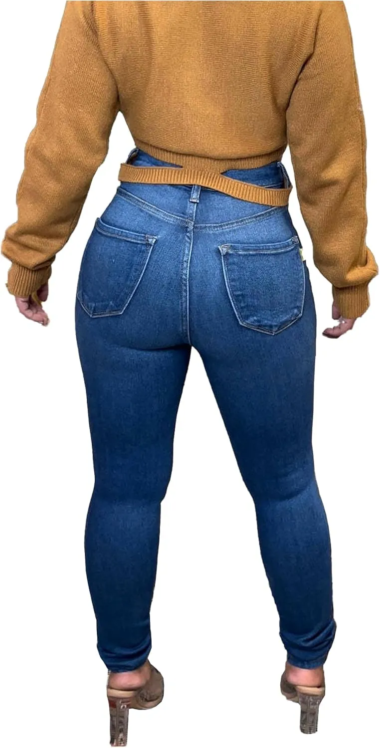 Sexyshine Women's High Waisted Destroyed Ripped Hole Denim Pants Fringe Raw Edge Stretch Fit Long Skinny Pencil Jeans