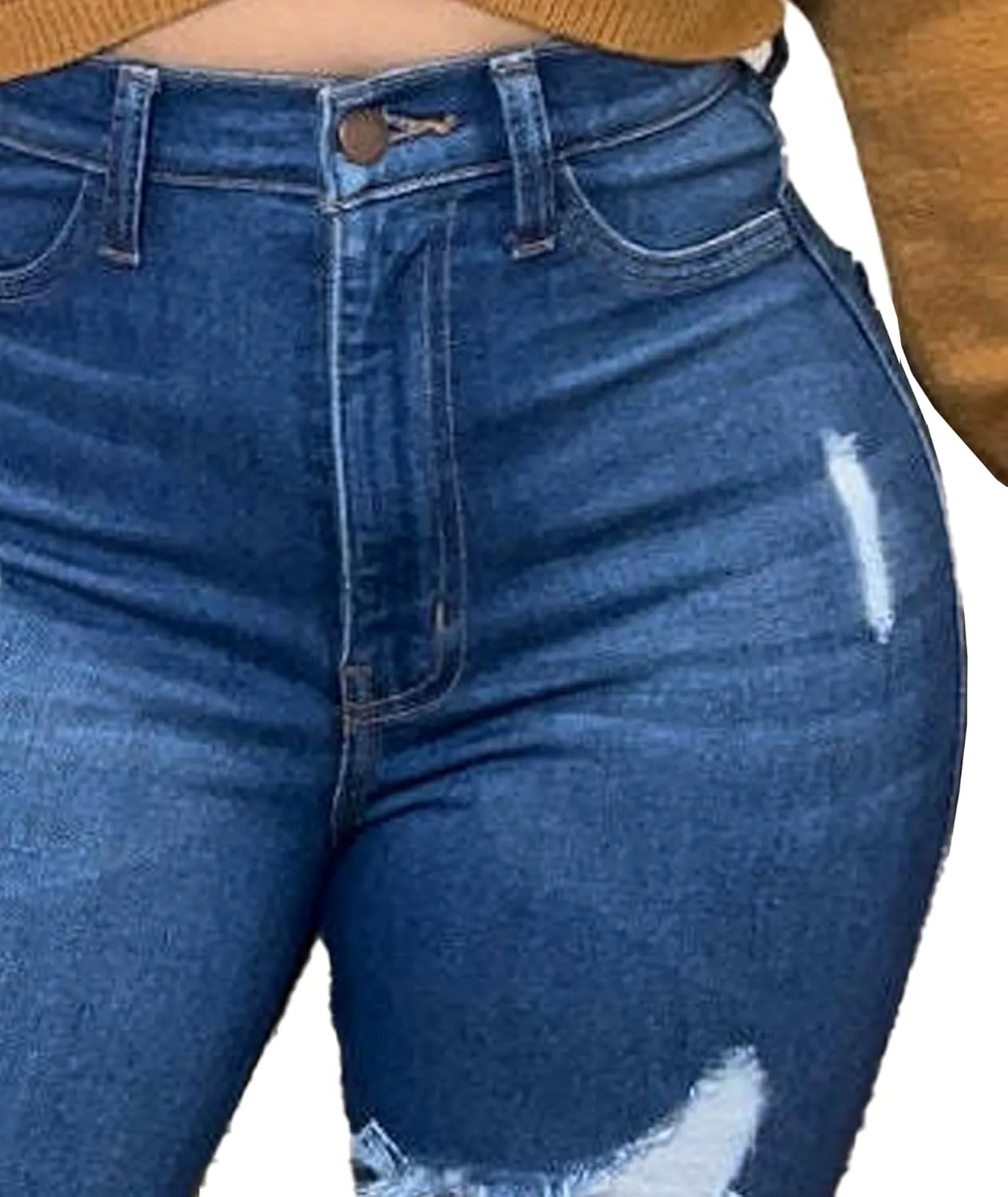 Sexyshine Women's High Waisted Destroyed Ripped Hole Denim Pants Fringe Raw Edge Stretch Fit Long Skinny Pencil Jeans