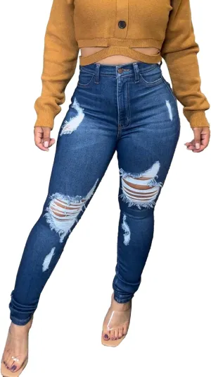 Sexyshine Women's High Waisted Destroyed Ripped Hole Denim Pants Fringe Raw Edge Stretch Fit Long Skinny Pencil Jeans