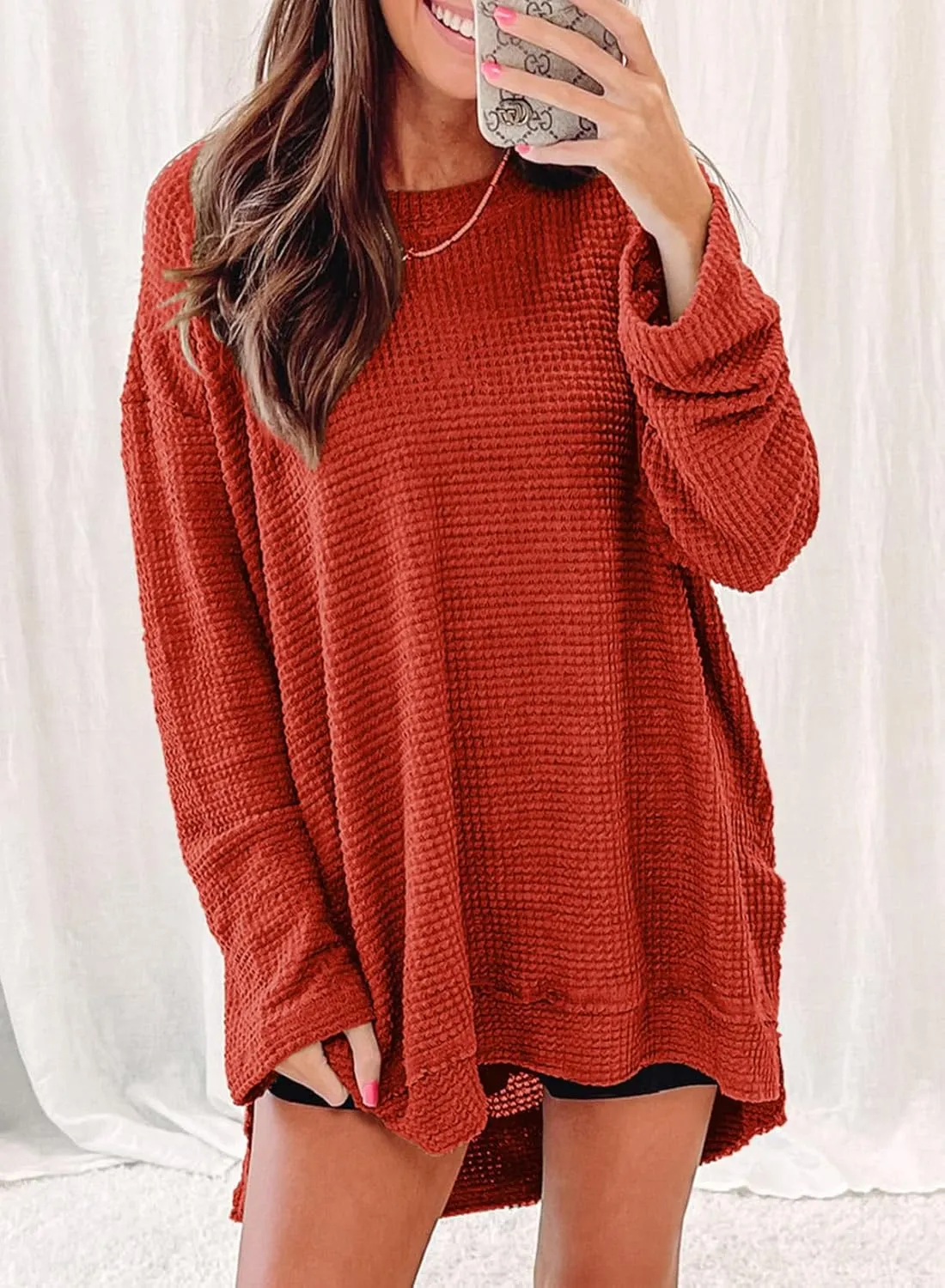 SHEWIN Long Sleeve Shirts For Women Oversized Sweatshirt Crewneck Waffle Knit Spring Tops for Women 2025