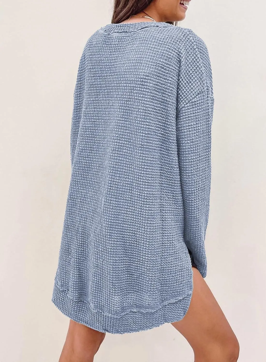 SHEWIN Long Sleeve Shirts For Women Oversized Sweatshirt Crewneck Waffle Knit Spring Tops for Women 2025