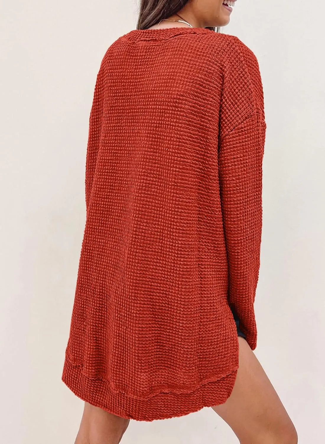 SHEWIN Long Sleeve Shirts For Women Oversized Sweatshirt Crewneck Waffle Knit Spring Tops for Women 2025