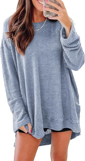 SHEWIN Long Sleeve Shirts For Women Oversized Sweatshirt Crewneck Waffle Knit Spring Tops for Women 2025