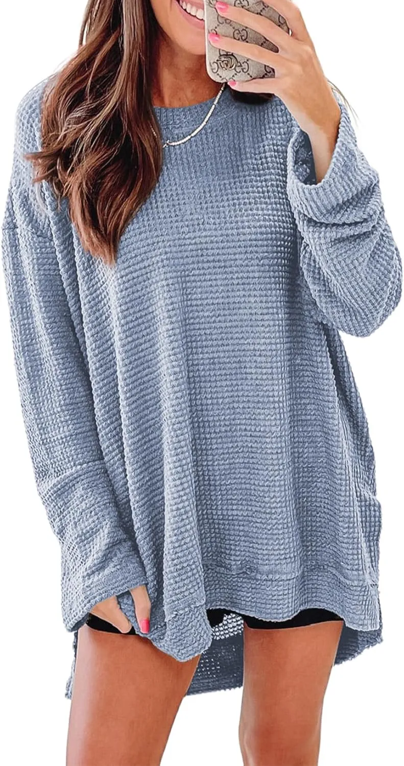SHEWIN Long Sleeve Shirts For Women Oversized Sweatshirt Crewneck Waffle Knit Spring Tops for Women 2025