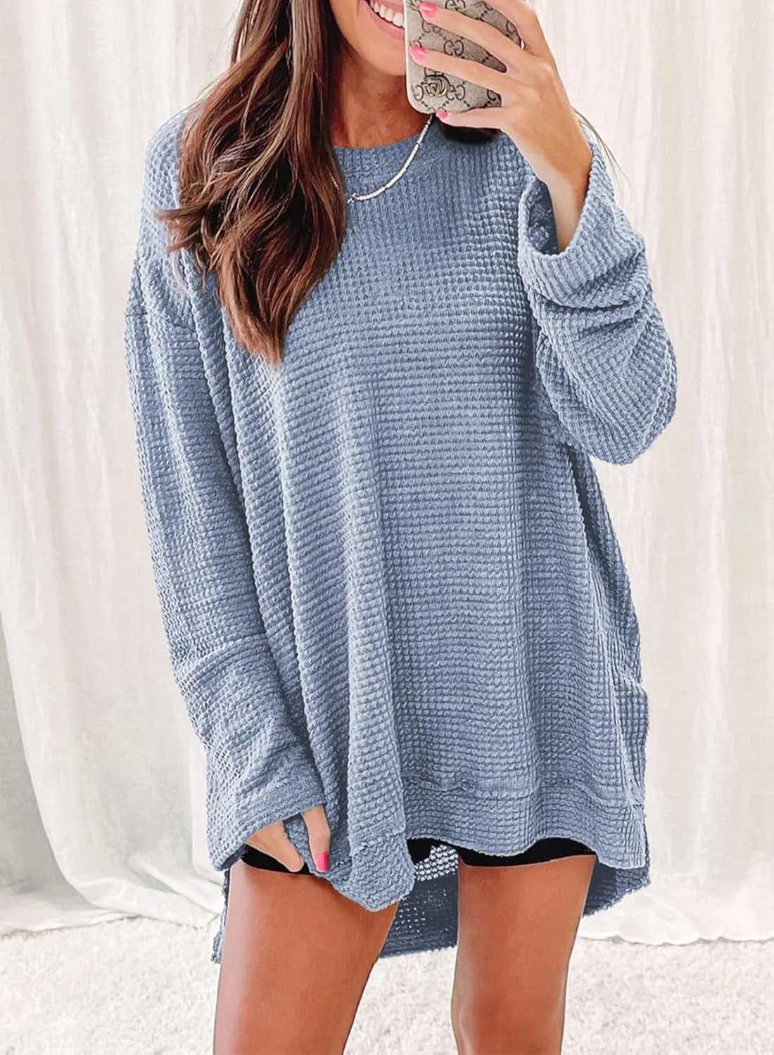 SHEWIN Long Sleeve Shirts For Women Oversized Sweatshirt Crewneck Waffle Knit Spring Tops for Women 2025