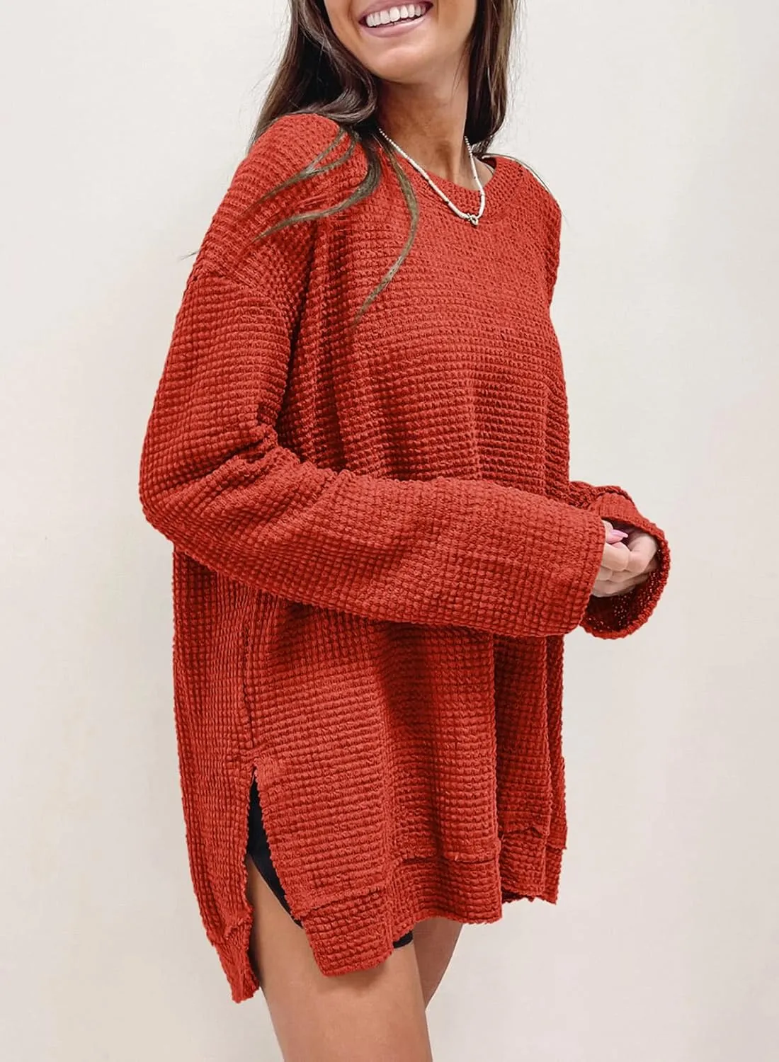 SHEWIN Long Sleeve Shirts For Women Oversized Sweatshirt Crewneck Waffle Knit Spring Tops for Women 2025