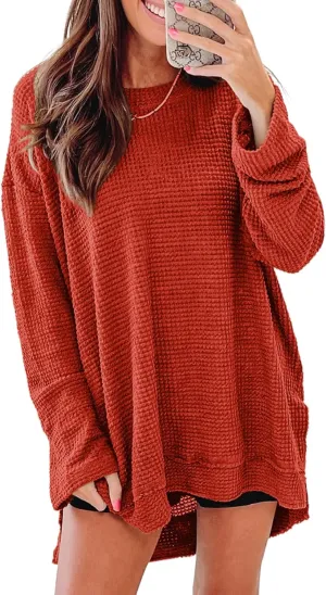 SHEWIN Long Sleeve Shirts For Women Oversized Sweatshirt Crewneck Waffle Knit Spring Tops for Women 2025