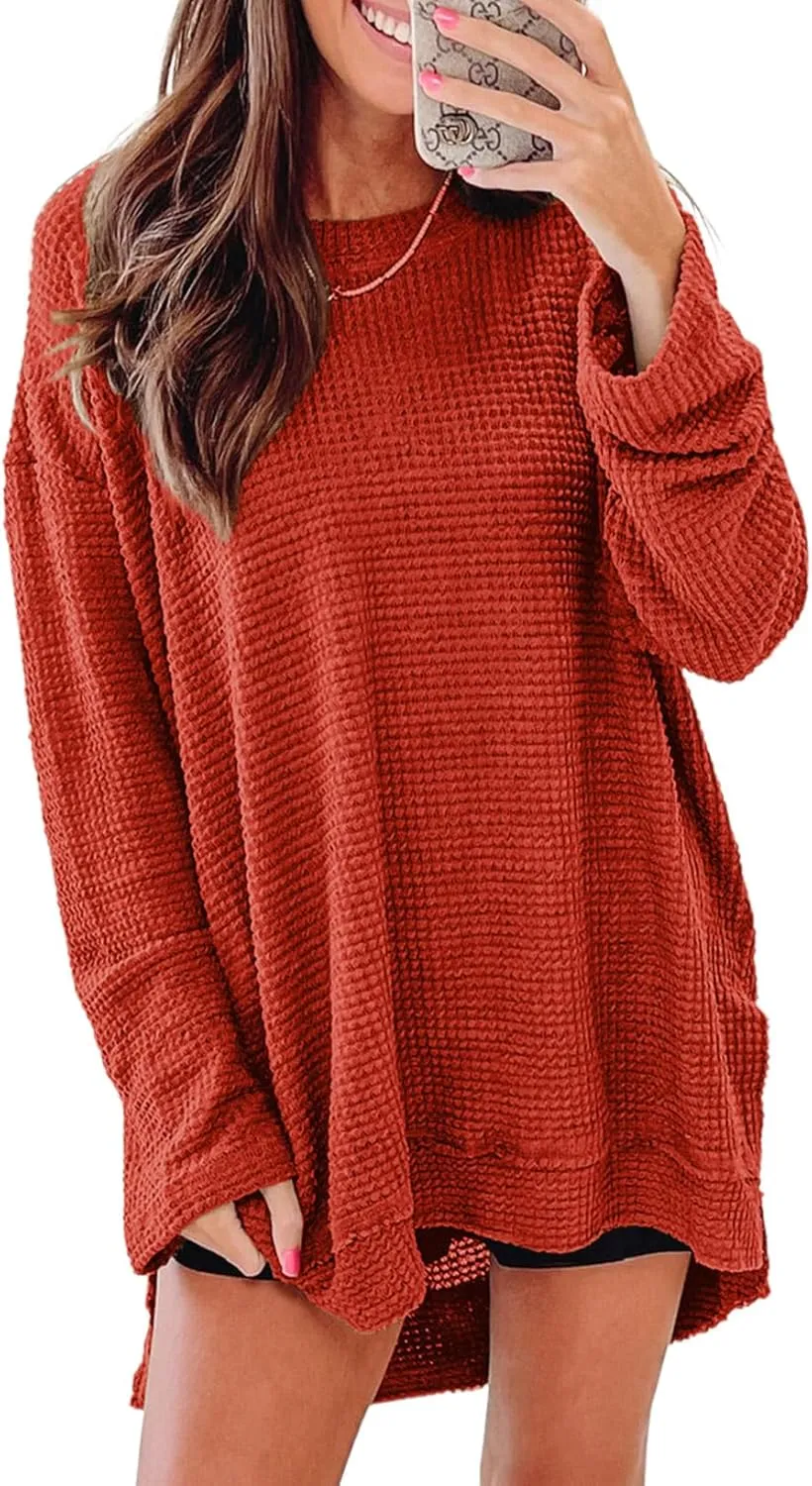 SHEWIN Long Sleeve Shirts For Women Oversized Sweatshirt Crewneck Waffle Knit Spring Tops for Women 2025
