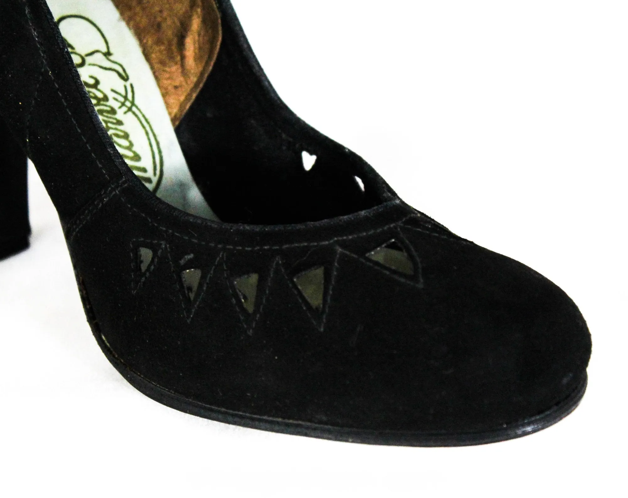 Size 5 1940s Black Suede Shoes - Unworn 40s Pin Up Girl High Heels with Jagged Sawtooth Cutouts - Round Toe - Beautiful WWII NOS Deadstock