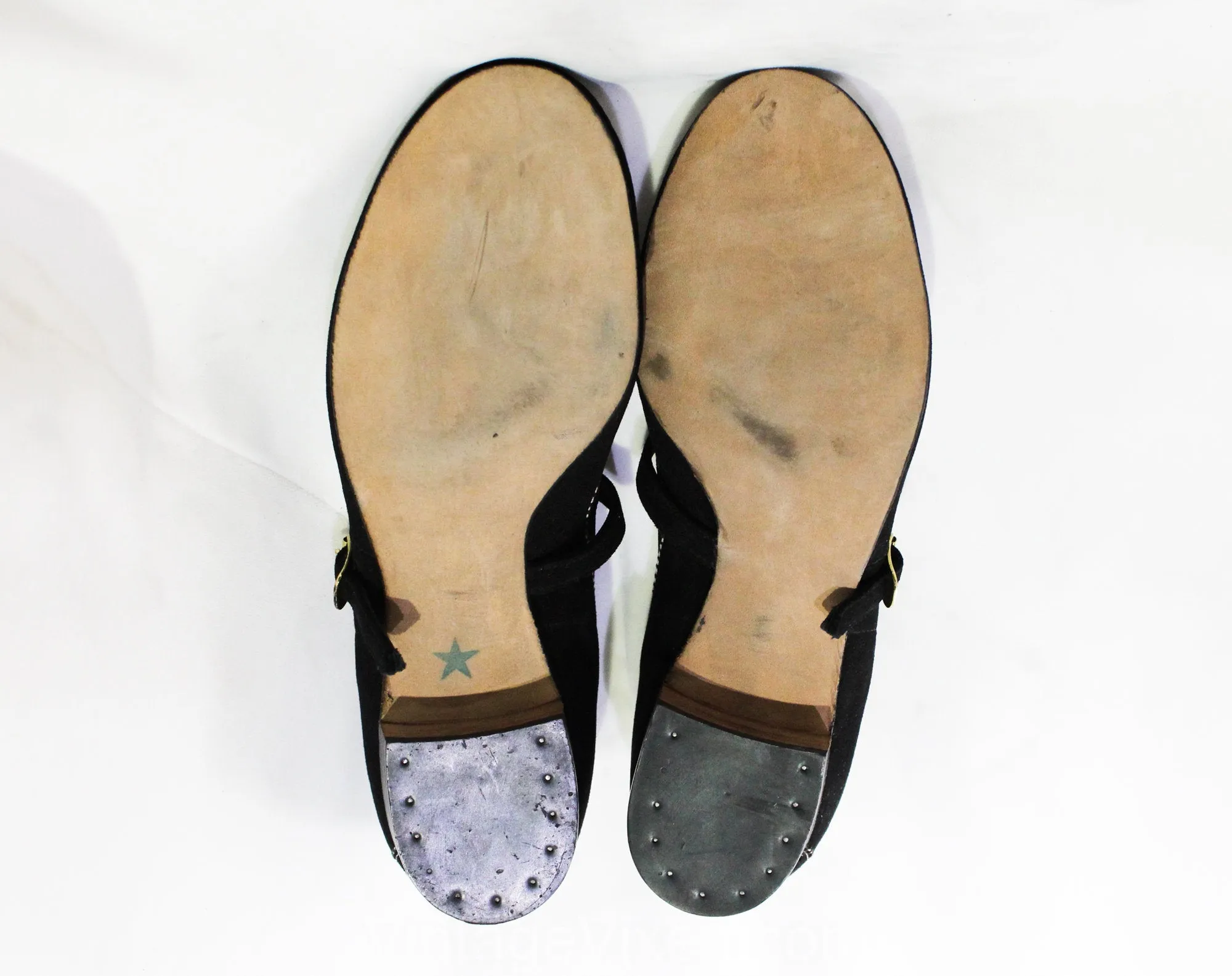 Size 5 Black Mary Jane Shoes - 1950s Suede Rounded Toe Strap with White Stitching - 5B 50's Swing Style Deadstock - Stacked Wooden Heels