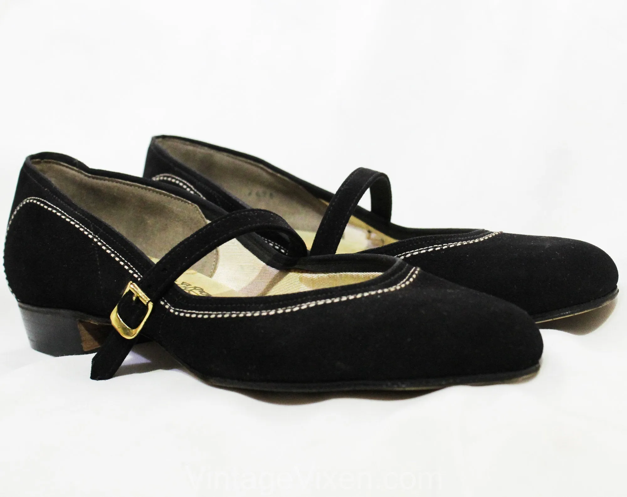 Size 5 Black Mary Jane Shoes - 1950s Suede Rounded Toe Strap with White Stitching - 5B 50's Swing Style Deadstock - Stacked Wooden Heels