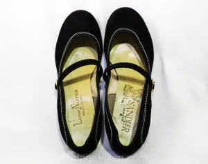Size 5 Black Mary Jane Shoes - 1950s Suede Rounded Toe Strap with White Stitching - 5B 50's Swing Style Deadstock - Stacked Wooden Heels