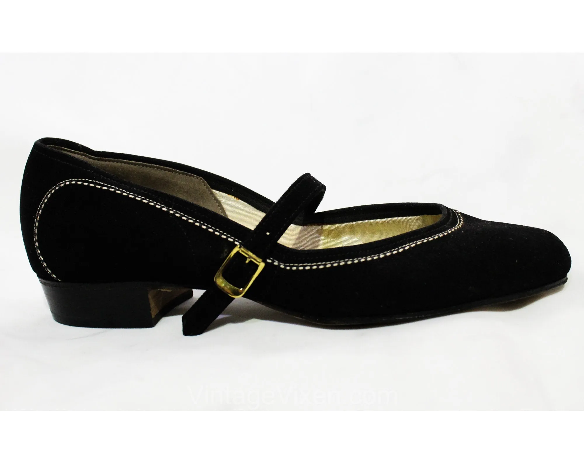 Size 5 Black Mary Jane Shoes - 1950s Suede Rounded Toe Strap with White Stitching - 5B 50's Swing Style Deadstock - Stacked Wooden Heels