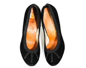 Size 5 Black Suede Shoes - Early 1950s Unworn Heels - Rounded Toe with Radiant Stitching - 5B 50's Swing Style NOS Deadstock - Sandler