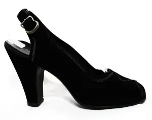 Size 6 1930s Black Shoes - Unworn Suede Peep Toe Pumps with Top Stitching - Beautiful Authentic 30s 40s High Heels - Chic NOS Deadstock