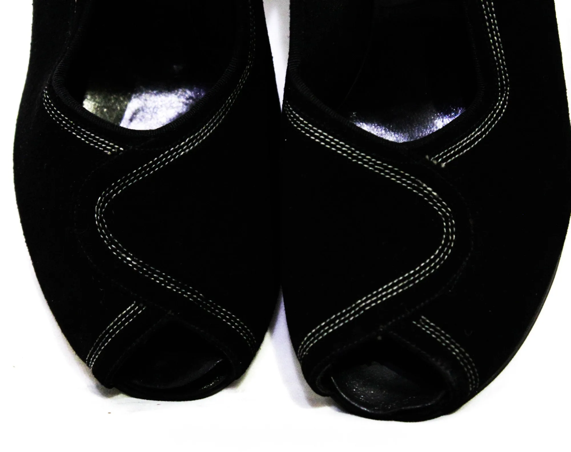 Size 6 1930s Black Shoes - Unworn Suede Peep Toe Pumps with Top Stitching - Beautiful Authentic 30s 40s High Heels - Chic NOS Deadstock