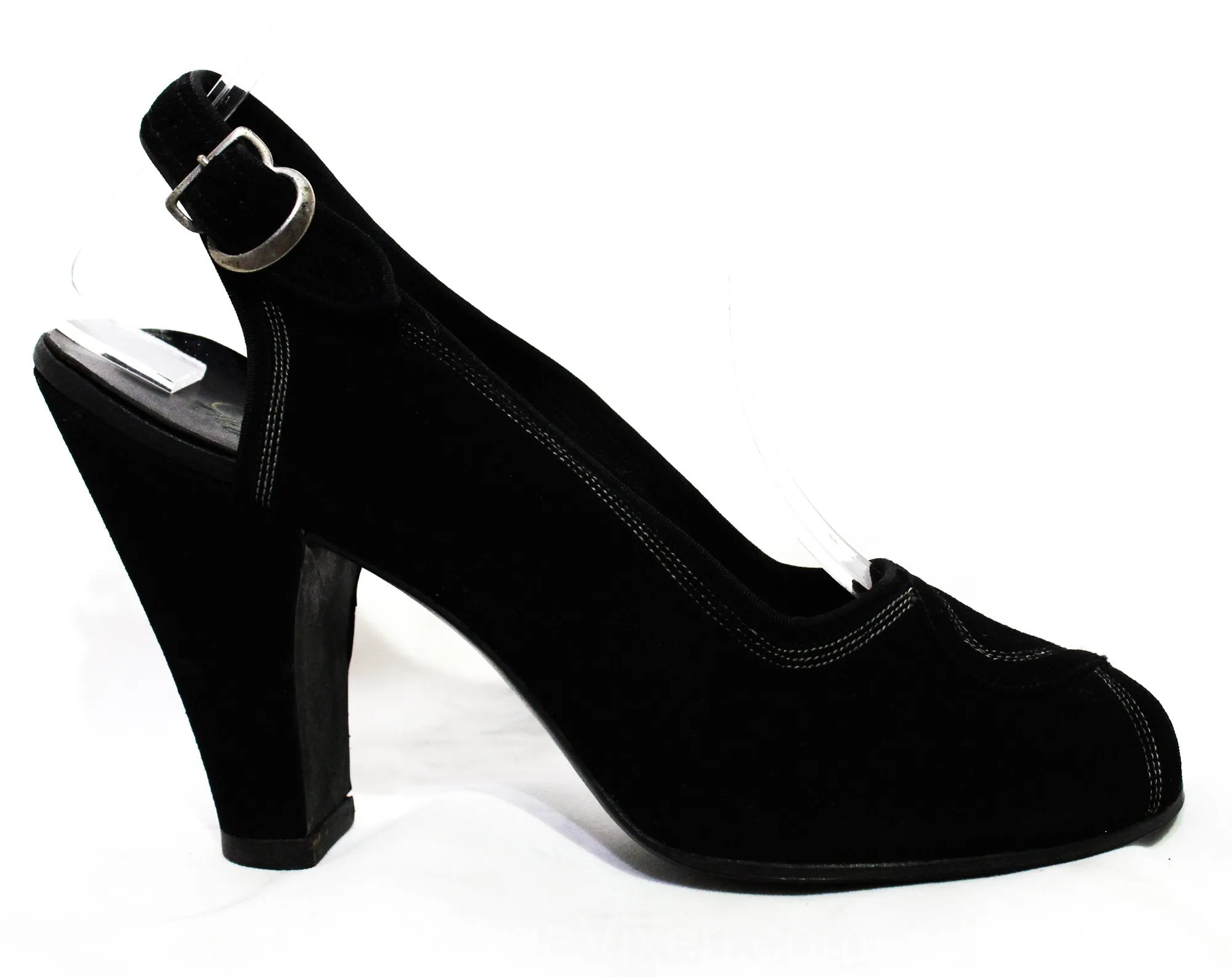 Size 6 1930s Black Shoes - Unworn Suede Peep Toe Pumps with Top Stitching - Beautiful Authentic 30s 40s High Heels - Chic NOS Deadstock