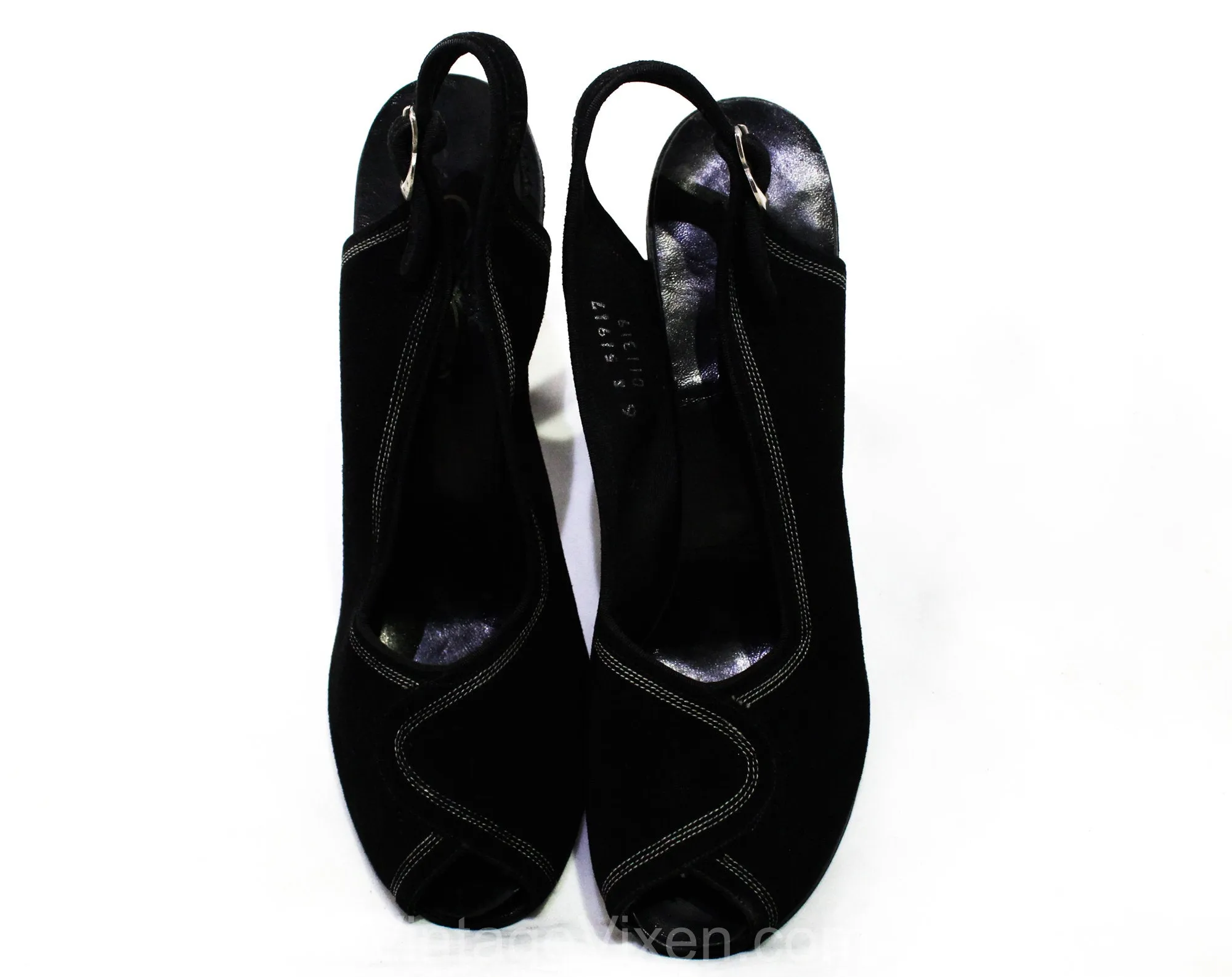 Size 6 1930s Black Shoes - Unworn Suede Peep Toe Pumps with Top Stitching - Beautiful Authentic 30s 40s High Heels - Chic NOS Deadstock