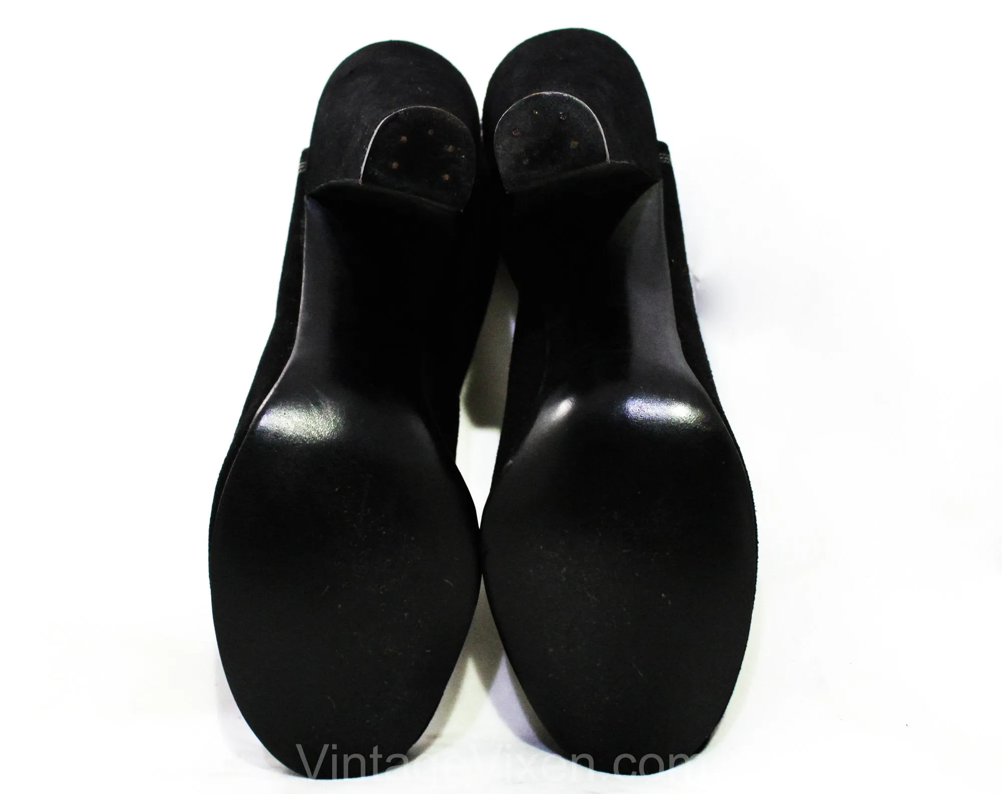 Size 6 1930s Black Shoes - Unworn Suede Peep Toe Pumps with Top Stitching - Beautiful Authentic 30s 40s High Heels - Chic NOS Deadstock