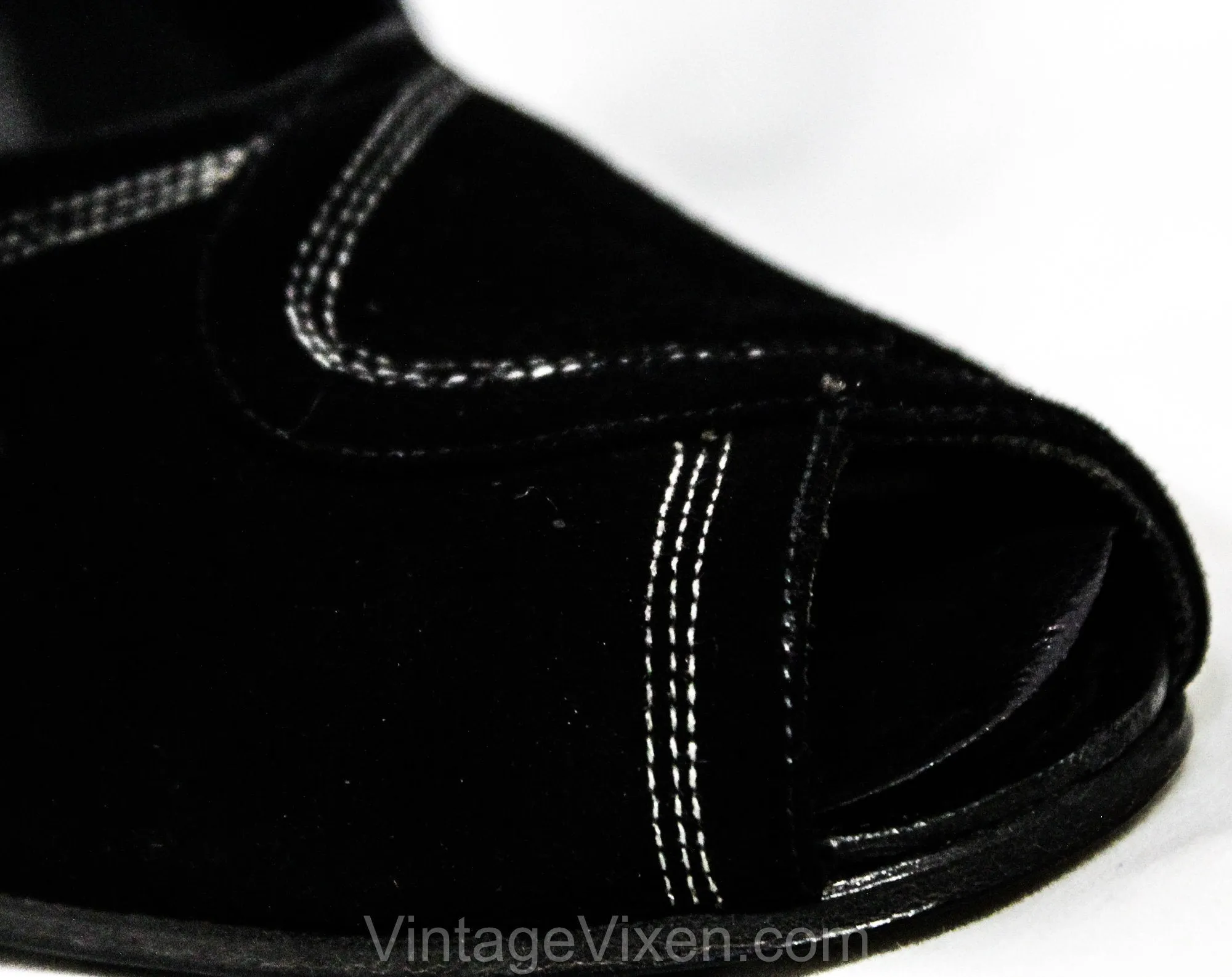 Size 6 1930s Black Shoes - Unworn Suede Peep Toe Pumps with Top Stitching - Beautiful Authentic 30s 40s High Heels - Chic NOS Deadstock