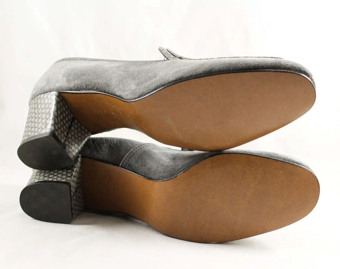 Size 6.5 Gray Shoes - Retro Grey Suede 1970s Pumps with Faux Snake Trim - 70s Career Girl Style - 6 1/2 M - Hush Puppies Deadstock - 47714-1