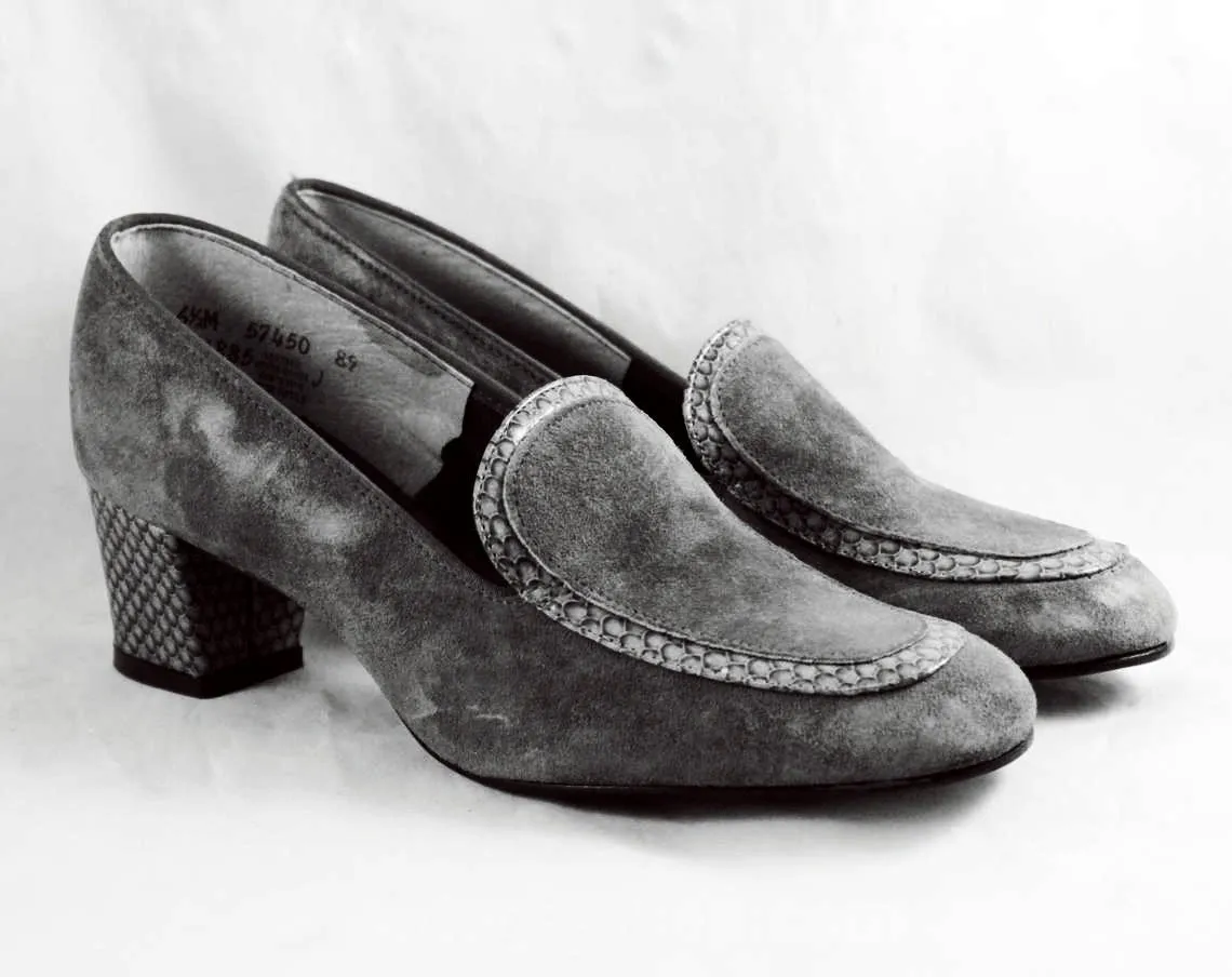 Size 6.5 Gray Shoes - Retro Grey Suede 1970s Pumps with Faux Snake Trim - 70s Career Girl Style - 6 1/2 M - Hush Puppies Deadstock - 47714-1