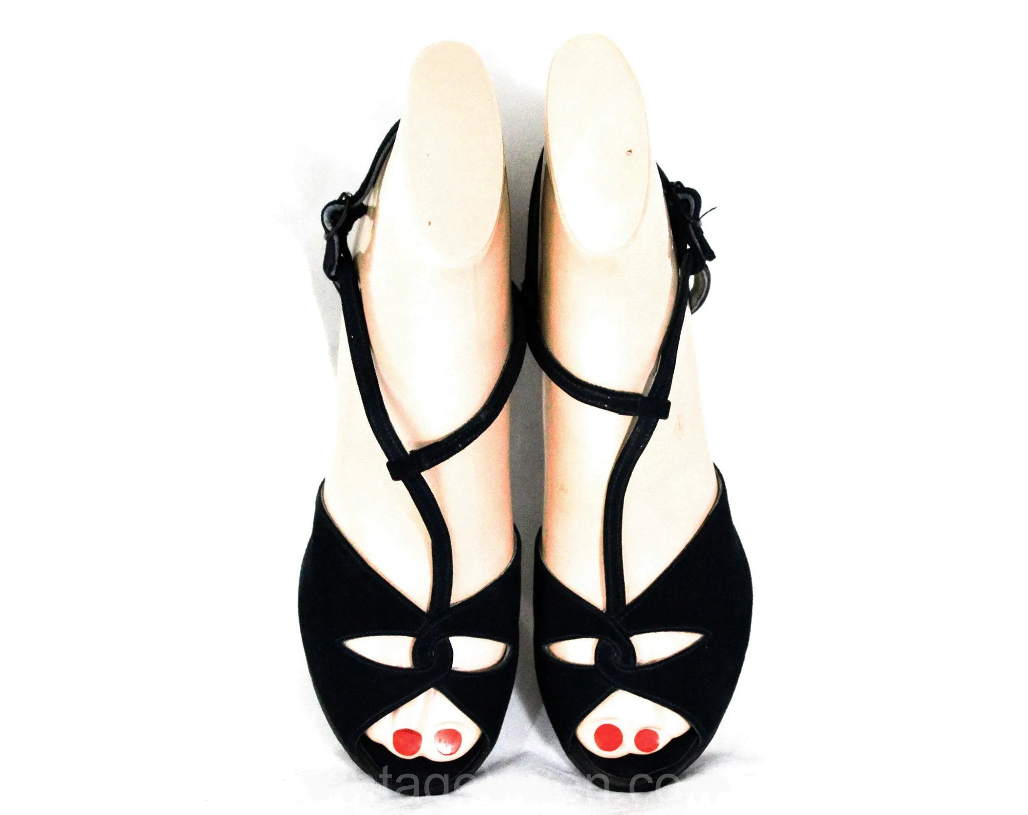 Size 7.5 Navy 1940s Shoes - 40s Open Toe Suede Heels with Elegant Asymmetric Dovetailed Straps - 40's 50's Pumps - 7 1/2 WWII Era Deadstock