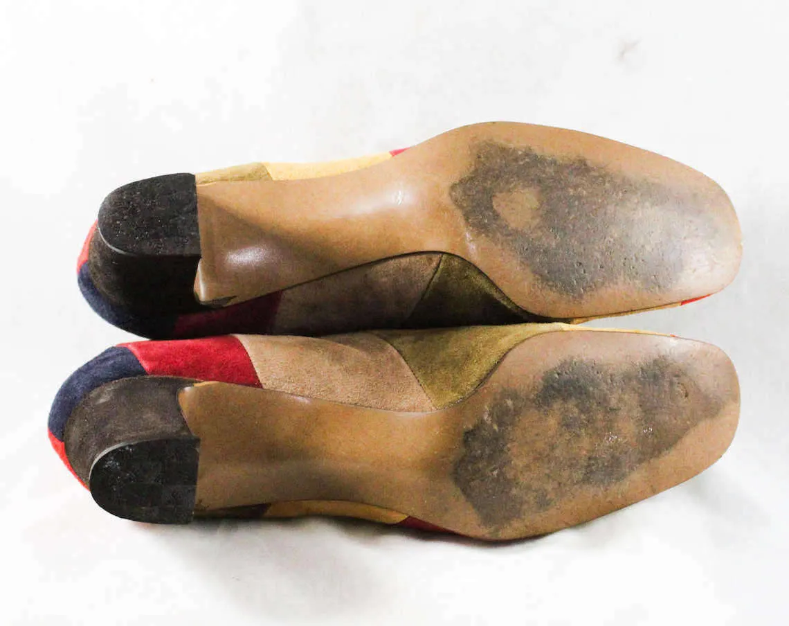 Size 8 Narrow Shoes - 1960s European Style Color Block Suede Pumps - 8AA Lace Up Shoes - 60s Red Fawn Maroon Black Fall Autumn Colors