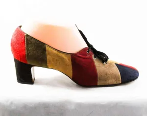 Size 8 Narrow Shoes - 1960s European Style Color Block Suede Pumps - 8AA Lace Up Shoes - 60s Red Fawn Maroon Black Fall Autumn Colors