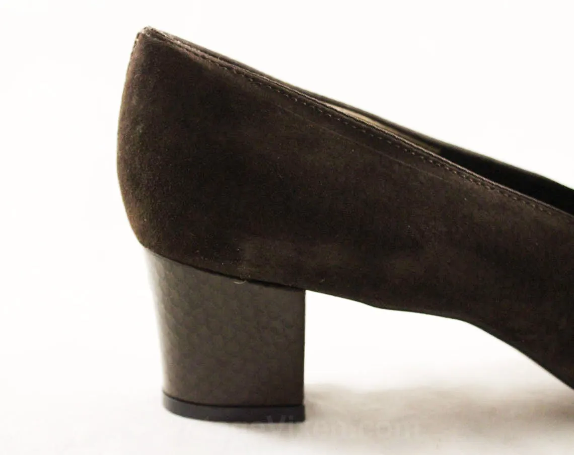 Size 9 Shoes - Brown Suede 1970s Pumps - Hip 60s 70s Faux Reptile Heels - Quality Sophisticated Hush Puppies - 70's NOS Deadstock - 9M