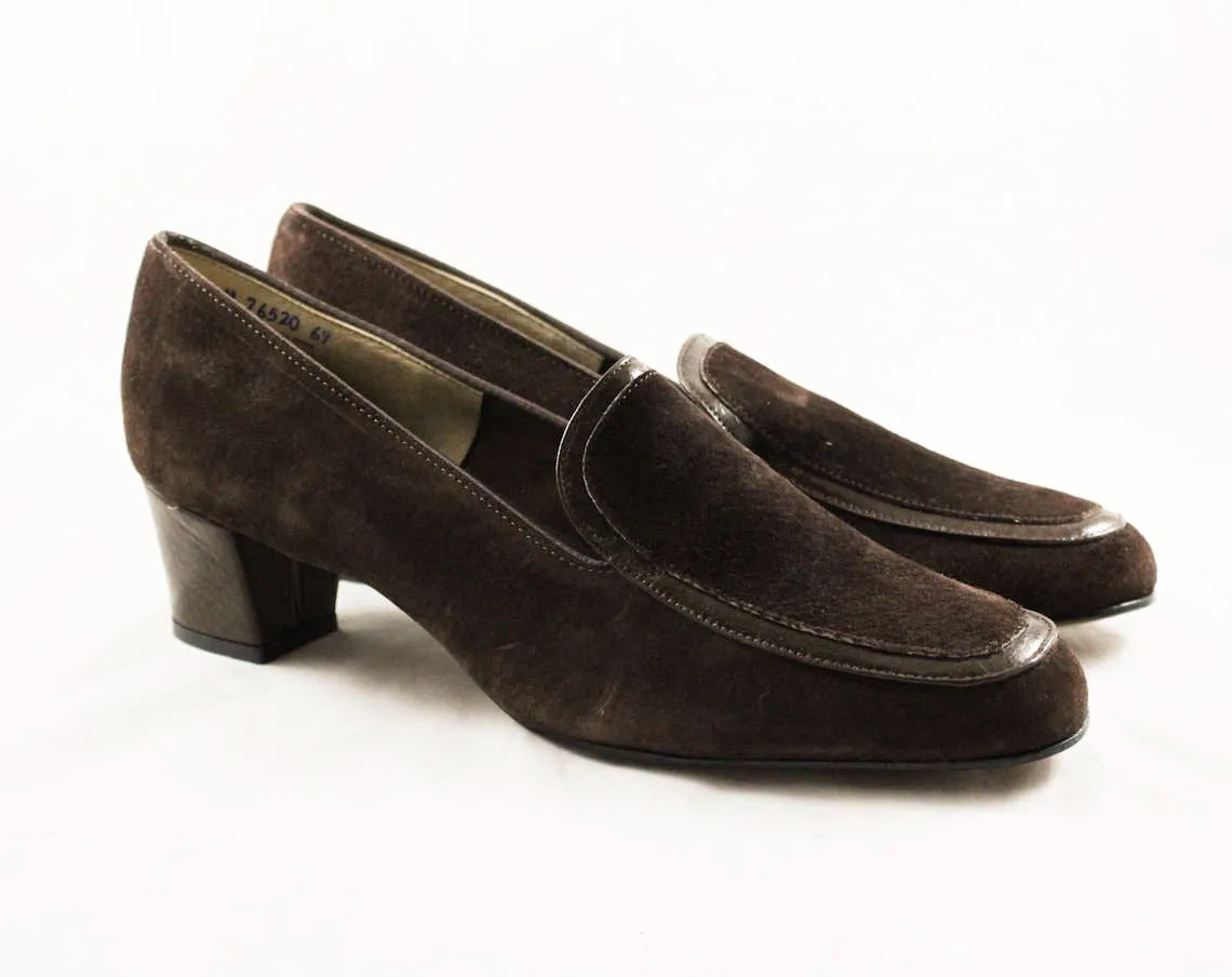 Size 9 Shoes - Brown Suede 1970s Pumps - Hip 60s 70s Faux Reptile Heels - Quality Sophisticated Hush Puppies - 70's NOS Deadstock - 9M