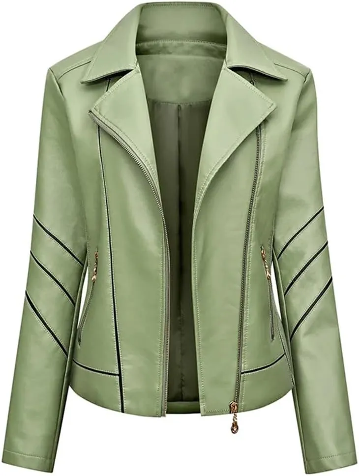 Slim Fit Faux Leather Jacket Women Classic Moto Biker PU Leater Jacket Spring Autumn Basic Zipper Coat