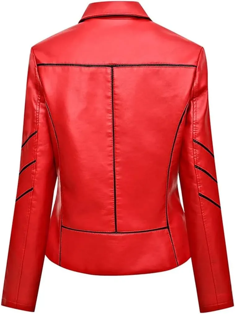 Slim Fit Faux Leather Jacket Women Classic Moto Biker PU Leater Jacket Spring Autumn Basic Zipper Coat