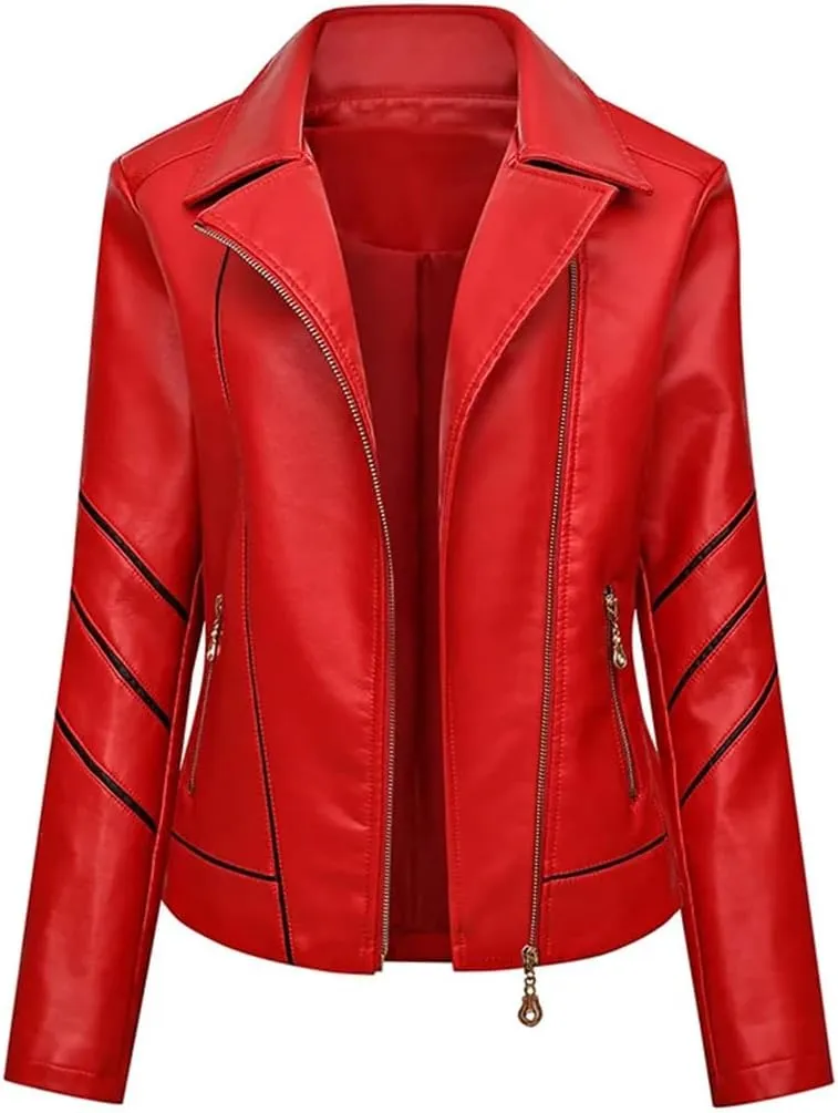 Slim Fit Faux Leather Jacket Women Classic Moto Biker PU Leater Jacket Spring Autumn Basic Zipper Coat