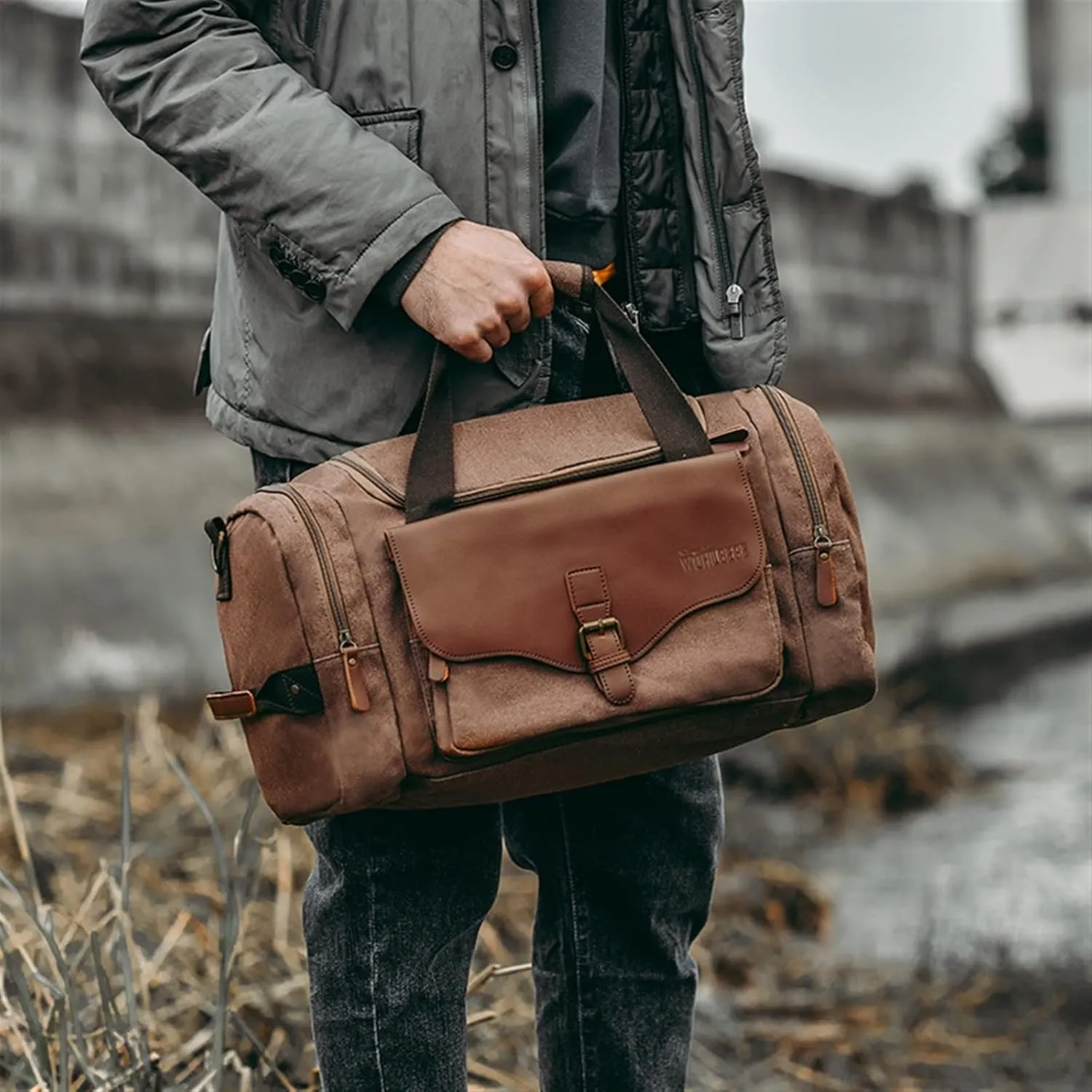 Sports Duffel Bags Men Large Capacity Canvas Multifunction Leather Bags Carry on Luggage Bag Tote Utility Travel Bag Weekender Bag Travel Man(Khaki)