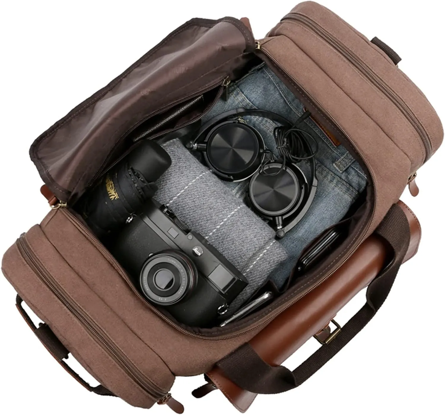 Sports Duffel Bags Men Large Capacity Canvas Multifunction Leather Bags Carry on Luggage Bag Tote Utility Travel Bag Weekender Bag Travel Man(Khaki)