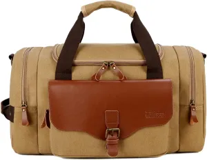 Sports Duffel Bags Men Large Capacity Canvas Multifunction Leather Bags Carry on Luggage Bag Tote Utility Travel Bag Weekender Bag Travel Man(Khaki)