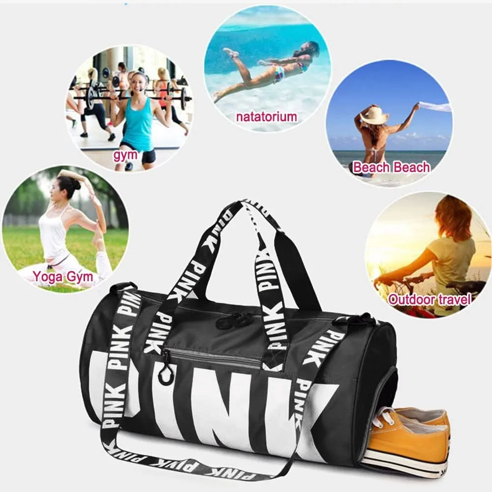 Sports Gym Bag, Travel Duffle Bag with PINK printing, Shoulder Tote Bags Weekend Bags for Workouts, Travel, Hiking, Perfect for Mom's Gifts