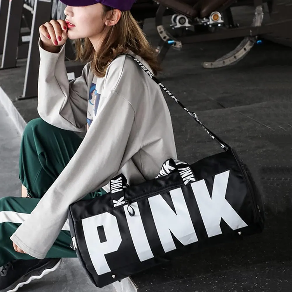 Sports Gym Bag, Travel Duffle Bag with PINK printing, Shoulder Tote Bags Weekend Bags for Workouts, Travel, Hiking, Perfect for Mom's Gifts