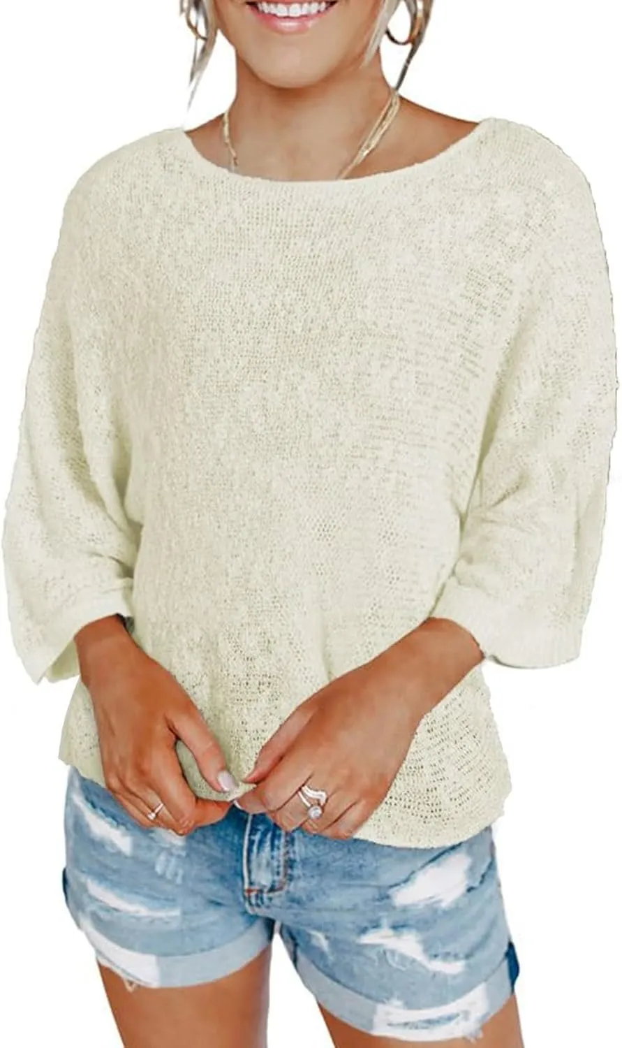 Striped Cable Knit Sweater - Women's Fall Sweaters with 3/4 Sleeves
