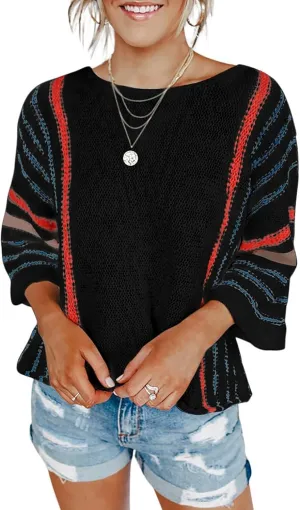 Striped Cable Knit Sweater - Women's Fall Sweaters with 3/4 Sleeves