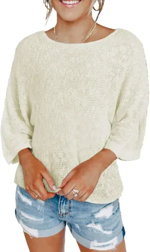 Striped Cable Knit Sweater - Women's Fall Sweaters with 3/4 Sleeves