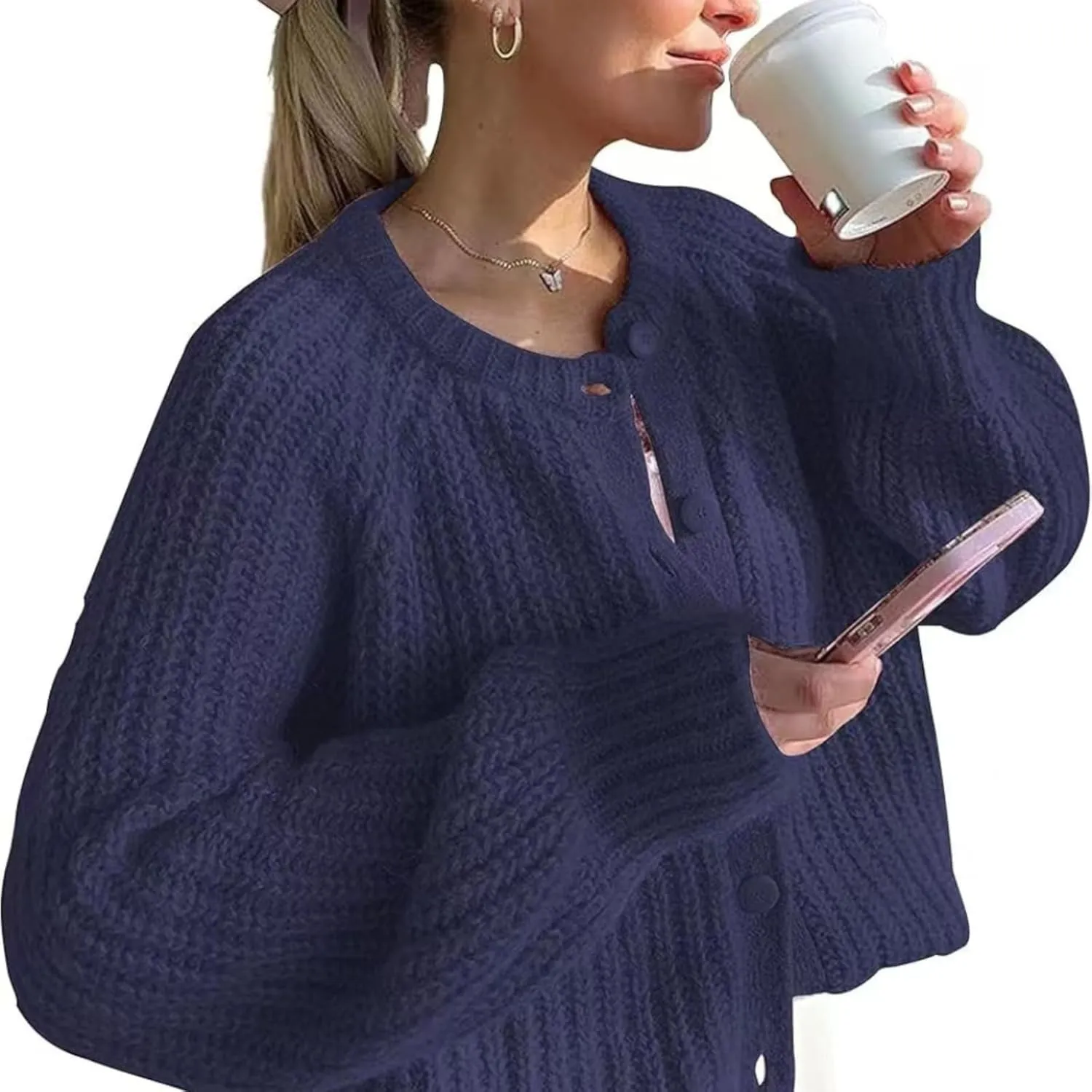 Sumleno Womens Open Front Button Down Sweater Long Sleeve Y2k Chunky Knit Cardigan Trendy Fall Outfits Casual Knitwear Coats
