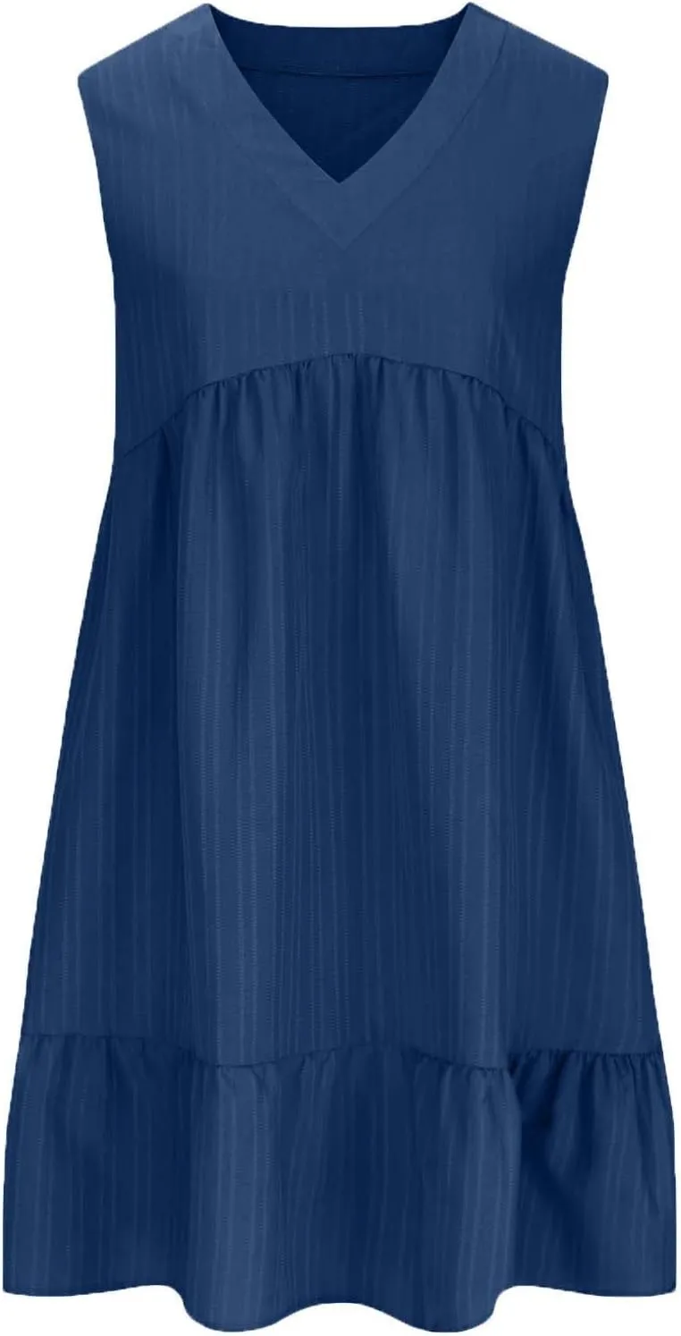 Summer Dresses for Women 2025 Vacation Sleeveless V Neck Dress Loose Summer Pleated Swing Flowy Sundress